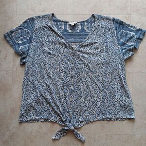 LUCKY BRAND Women's Large Blouse Boho Blue Fairy Floral Shir Front Tiet Top